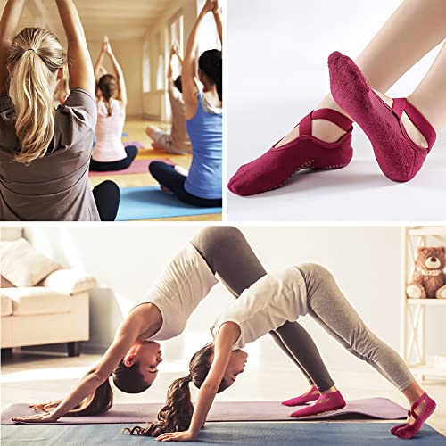 Luckit Yoga Socks With Grips For Women Non Slip Grip Socks Pilates Socks Fitness Socks Anti-Skid Socks For Yoga, Size 5~10 (Wine Red+Peacock Blue) #TOP6