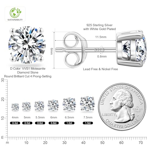 KRKCLIFE Moissanite Stud Earrings for Women Men, 0.6-3CT 14K Gold Plated S925 Sterling Silver Hypoallergenic, Birthday Gifts for Her Him Wife Mom, D Color VVS1 Lab Created Jewelry for Anniversary4