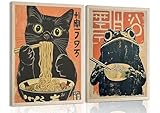 ELESFEK 2Pcs Vintage Japanese Cat Wall Art Quirky Black Cat Eating Ramen Canvas Poster Retro Funny frog Eating Food Painting Picture Unique Kitchen Print Dining Room Wall Decor Unframed