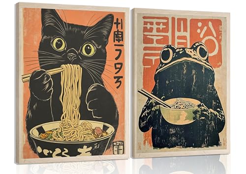 ELESFEK 2Pcs Vintage Japanese Cat Wall Art Quirky Black Cat