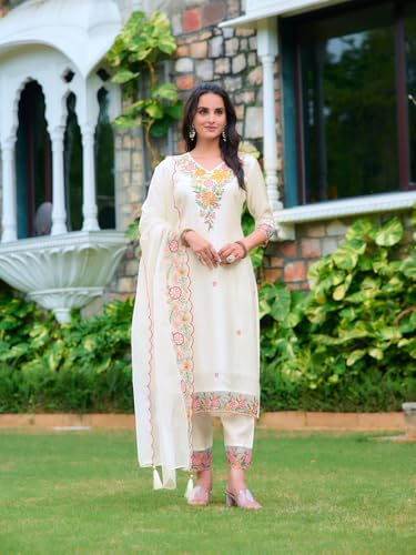 Image of NIVANA Womens Embroidered Rayon Kurta with Pant & Organza Embroidered Dupatta | Straight Fit | V-Neck | 3 /4 Sleeve | Ethnic Wear Set for Festive & Casual Occasions