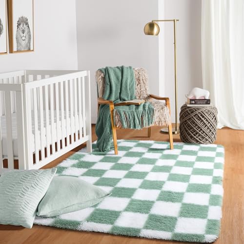 Image of KICMOR Rugs for Bedroom Living Room, 3x5 Fluffy Soft Checkered Shag Area Rug Fuzzy Shaggy Plush Bedside Small Carpet, Sage Green and White Rug for Kids Boys Girls Dorm Nursery Home Decor Aesthetic