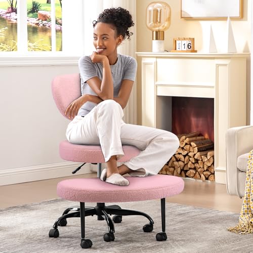 Ergonomic Cross Legged Office Chair with Wheels - Adjustable Height for Meditation, ADHD Desk & Yoga - Wide Criss Cross Design with Lumbar Support, Kneeling Chair - Pink