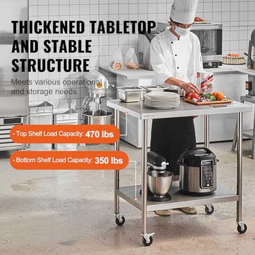 Image of VEVOR Stainless Steel Work Table 30 x 18 x 38 Inch, with 4 Wheels, 3 Adjustable Height Levels, Heavy Duty Food Prep Worktable for Commercial Kitchen Restaurant, Silver