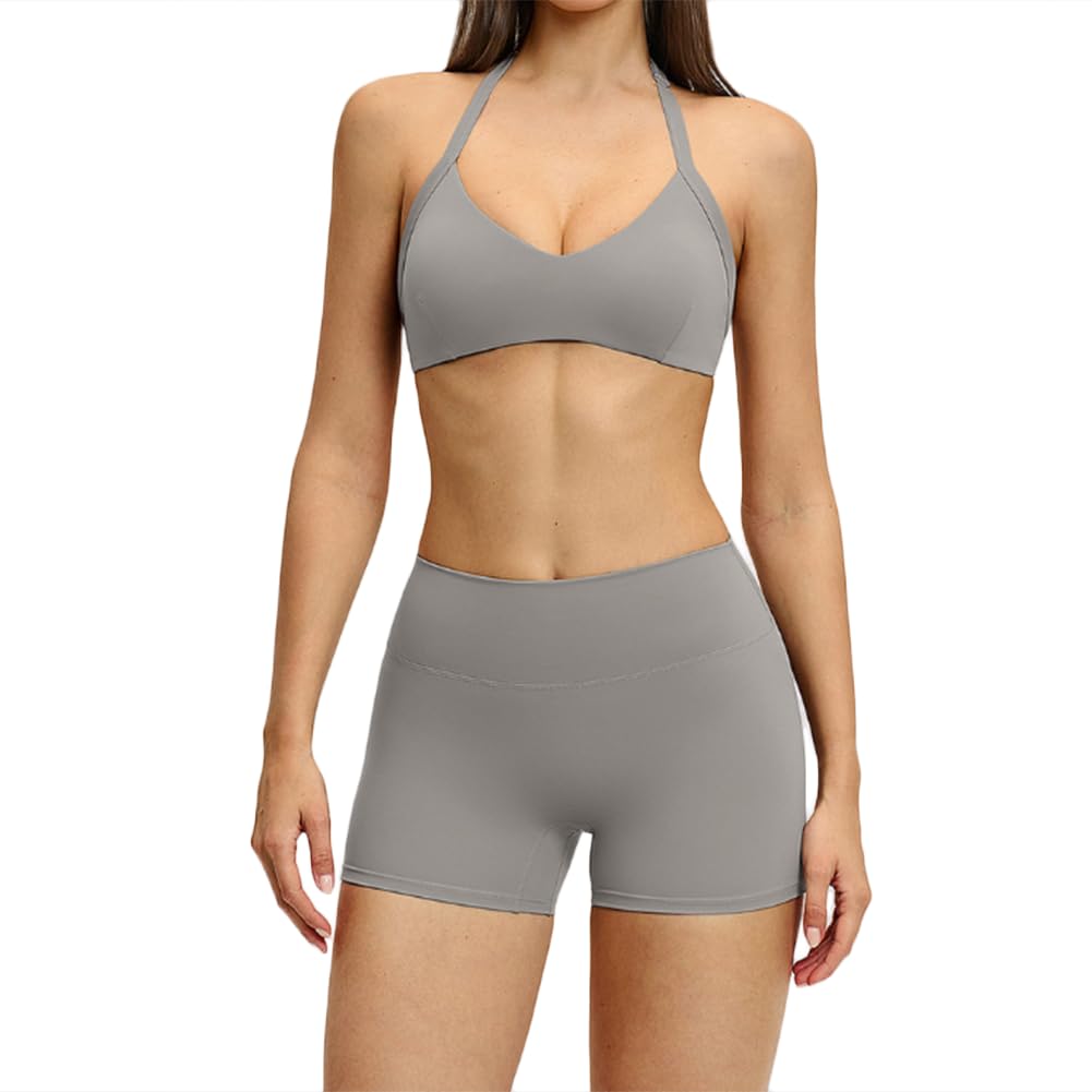 JPXJGT Women's Sports Yoga Set Hollow-Back Neckline Yoga Top Sports Running Fitness (Size:L,Color:Grey)
