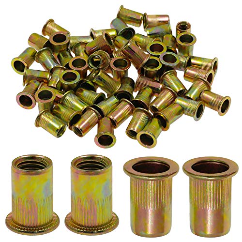 Bonsicoky 120Pcs Metric M10 Rivet Nut Kit Zinc Plated Carbon Steel Flat Head Threaded Insert Knurled Blind Rivet Nuts Fastener for Nuts Through Hole