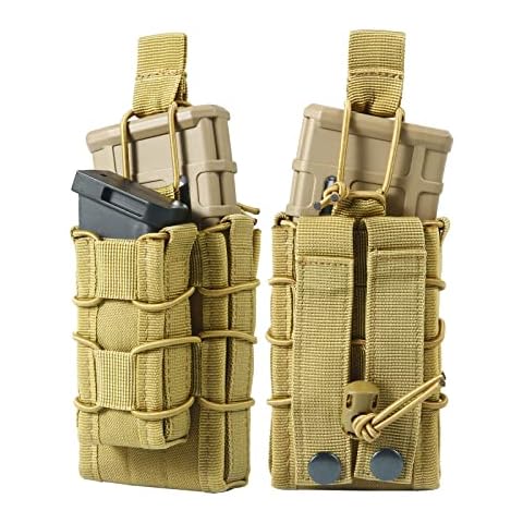 2 Packs Double Molle Mag Pouch 9mm/.40 Pistol Magazine Pouch and 5.56mm 7.62mm Rifle Mag Pouch Set Dual Stack Magazine Pouch Carrier Khaki Cover