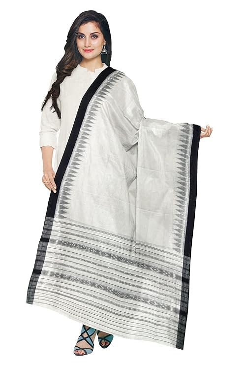 Image of Cotton Dupatta with weaving and Ikat woven border from the Weavers of Temple Border & Stole For Girls & Women