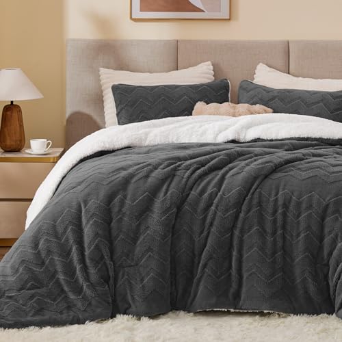 Image of BEDELITE Fluffy Sherpa King Comforter Set,Charcoal | Super Soft & Warm Fleece Bedding, Luxury Fuzzy Comforter for Winter, Heavy Plush Bedding Set,2 Pillowcases