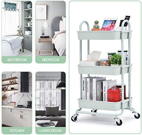 KINGRACK Storage Trolley Cart, 3 Tier Rolling Cart, Multi-Purpose Storage Organiser, Organizer Trolley with Handles, Utility Cart with Lock Wheels, Serving Trolley for Home, Office, Kitchen, Bathroom