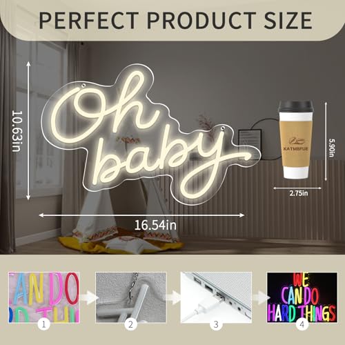 Image of Oh Baby LED Neon Sign for Backdrop, Baby Shower Nursery Decor Dimmable USB | Backdrop & gender reveal sign. Warm white glow for party photos, dimmable for baby showers, birthday parties & nursery decor