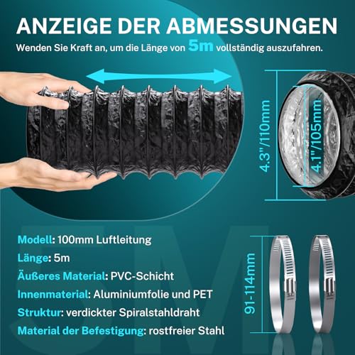 HG Power 100mm Abluftschlauch, 5m Flexibel PVC Alurohr Lüftungsschlauch Schallgedämmter Alu Flex-Schlauch Abluftrohr für Wachstumszelt Trockner Mobile Klimaanlage Abluftventilator, Schwarz