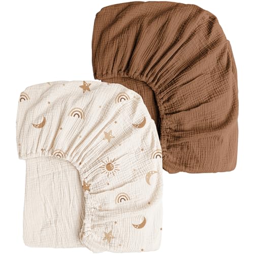 Image of Konssy Muslin Crib Sheets for Girl Boy, 2 PCS Soft and Breathable Cotton Baby Sheets for Standard Crib Mattress, 52"x 28" (Sunbeam Yellow, Coffice)