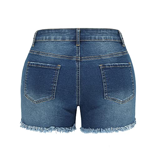 Image of THUNDER STAR Women Mid Rise Ripped Stretchy Jeans Shorts Frayed Raw Hem Casual Denim Shorts