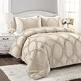 Lush Decor Avon Comforter Set, 3 Piece Set, Full/ Queen, Neutral - Farmhouse Bedding Set - Beige Comforter - Elegant Ruffle Bedding - Textured Comforter - Country Cottage & Farmhouse Bedroom Decor