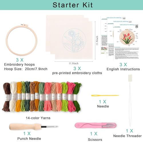 Image of REEWISLY Punch Needle Embroidery Starter Kits for Beginners Flower and Grass Patterns.3Ps Embroidery Hoops,Color Threads,Instructions and Needles,DIY Adults Embroidery, Video Teaching