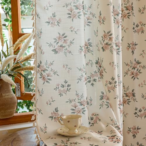 OYX Boho Floral Curtains 96 Inch, Pink Flower Farmhouse Drapes with Tassels, Linen Textured Light Filtering Semi Sheer Curtains for Living Room Bedroom, 2 Panels, Rod Pocket, 52Wx96L