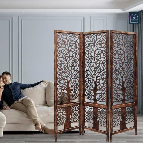 Image of Wooden Room Partition /Screen /Room Divider /Room Separator Traditional Handicrafts 6Ft (Dark Brown) (Tree 3 Panel)