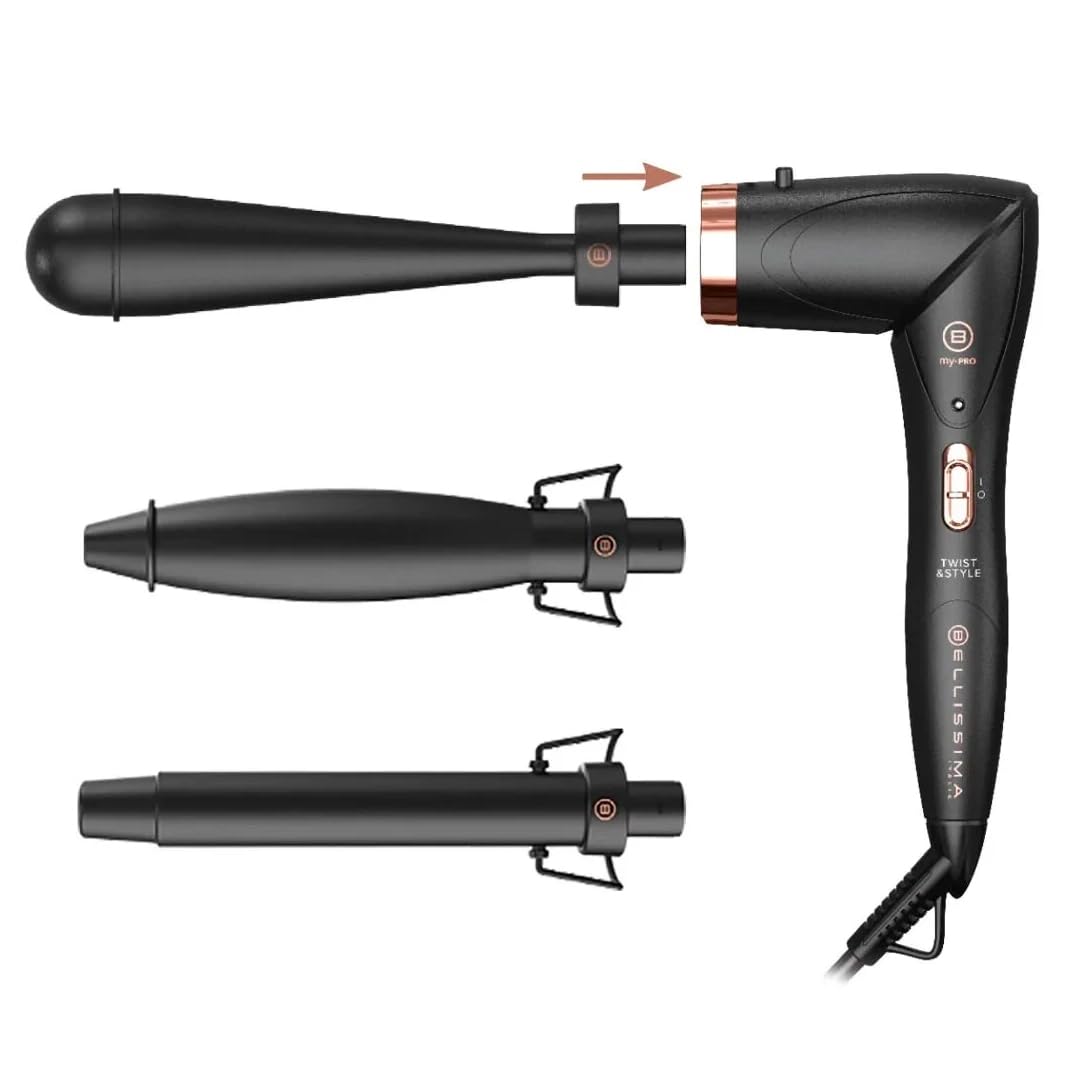 Twist & Style Kit Professionale per Capelli, Bellissima 3 Accessori Intercambiabili, Nero con Dettagli Oro Rosa, Ricci e Onde, 200W, Ceramica, 200°C