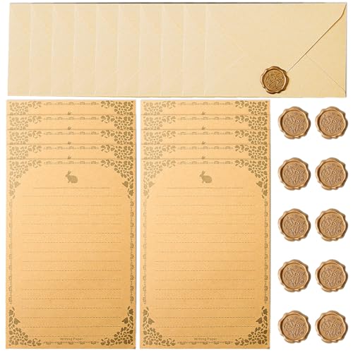 Zasiene Papel y Sobres para Cartas Bonitas, Papel de Carta Vintage con Sobre, Sobres Vintage Scrapbook, 10 Sobres, 10 Papelería Vintage y 10 Pegatinas Sellos de Cera(Amarillo)