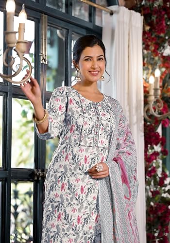 Image of MIRCHI FASHION Women's Straight Fit Pure Cotton Jaipuri Floral Printed Sequins Thread Work Kurta Set with Dupatta and Trouser