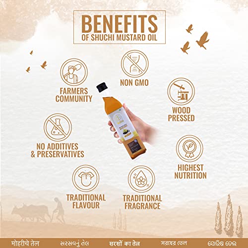 Image of SHUCHI WOOD PRESSED MUSTARD OIL - 500 ML I ORGANIC COLD PRESSED MUSTARD OIL WITH NO PRESERVATIVES I VIRGIN & NATURAL HEALTHY COOKING OIL EXTRACTED USING LAKDI GHANI /KACCHI GHANI /CHEKKU METHOD.
