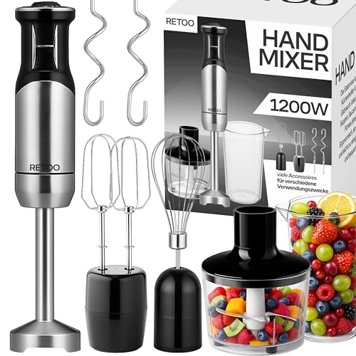 Retoo Juego de batidora de mano multifunción, 1200 W, 15000 rpm, turbo y 8 niveles de velocidad, cuello anti-salpicaduras