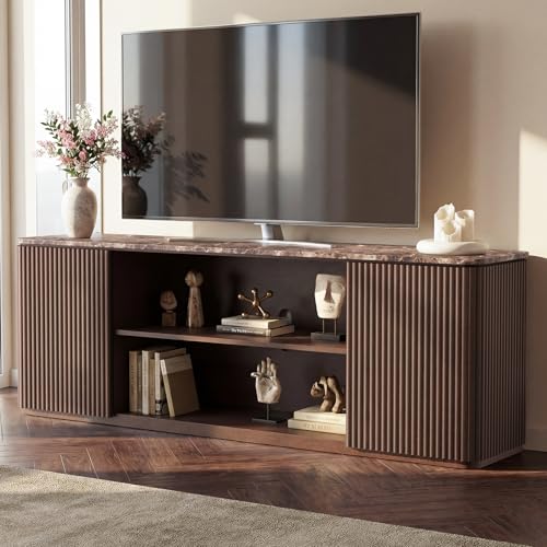 70″ Modern Fluted TV Stand, for TVs Up to 80″, Faux Marble Top, Brown Oak | Entertainment Center, Media Console, TV Console, Adjustable Shelves, Hidden Storage, Cable Management, FSC Engineered Wood