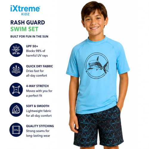 Image of iXtreme Boys Swim Set - 2 Piece Rash Guard Short Sleeve Swim Shirt and Boys Swim Trunks for Infants Toddlers & Big Boys