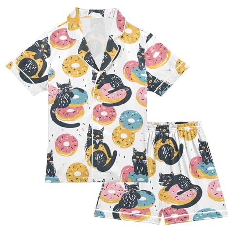 ALAZA Cat Donut Kitten Satin Pajamas Set Short Sleeve Button Down Sleepwear Summer Pjs 2 Piece