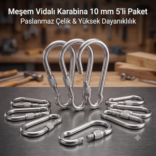 Metal Vidalı Karabina 10 mm 5'li Paket; Kalın Çelik Yük Taşıma Kancası, Dağcılık ve Taktik Askı Aparatı