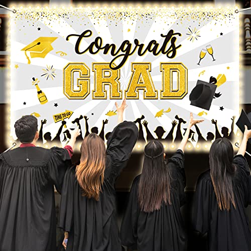 Image of White Graduation Banner with Led-Light Strips Decor 71 inch x 43 inch Class of 2024 Congrats Grad Backdrop Graduation Party Decorations for 2024 Graduation Party Supplies