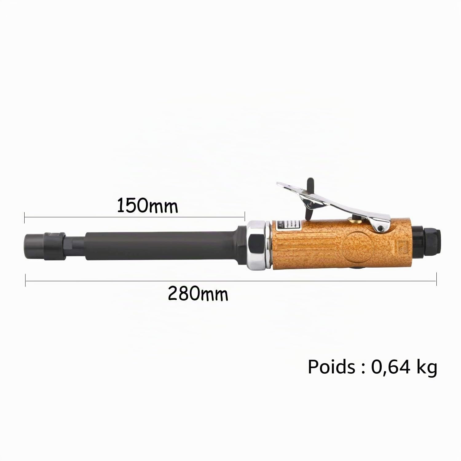 Ponceuse droite à air comprimé longue, ponceuse à air comprimé avec deux mandrins (1/4" et 1/8"), vitesse de rotation à vide : 25 000 tr/min, or