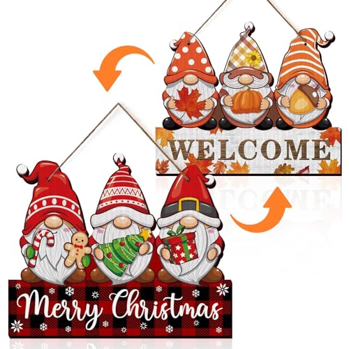 Reversible Christmas Decor Fall Thanksgiving Decorations for Home Indoor Outdoor Buffalo Plaid Xmas Wreath Sign for Front Door Double Sided Gnomes Welcome Sign Wood Porch Wall Door Hanger for Yard