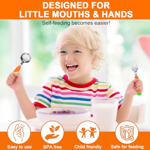 Image of Supvox Spoon and Fork Set with Case, Fork and Serrated Puree Spoon, Cute Cartoon Carrot Handle Design, with Carrot-Shape Storage Case