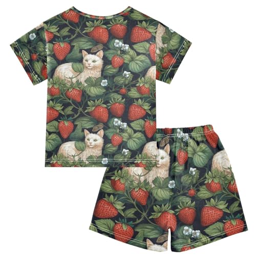 ALAZA Strawberry and Cats Pajama Set Short Sleeve Sleepwear Soft Lounge Nightwear2