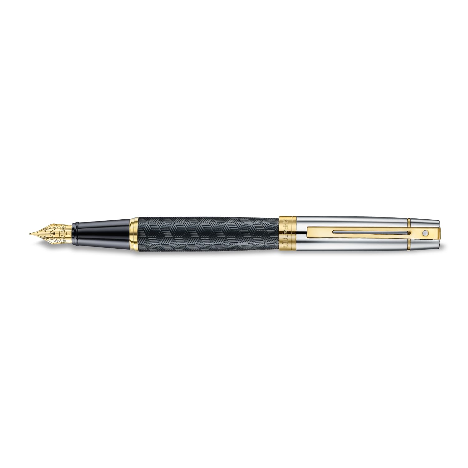 Sheaffer Stylo-plume 300 | E9347 gravé, corps noir mat et capuchon chromé brillant avec ornements dorés PVD, pointe fine, stylo-plume premium