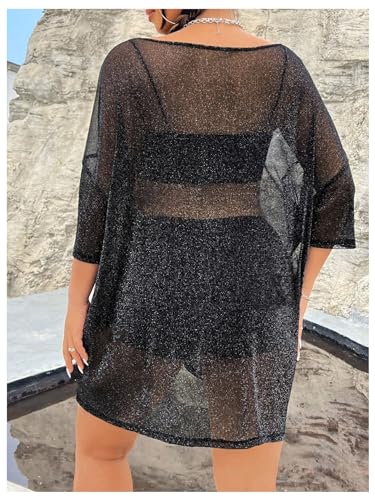 WDIRARA Women's Plus Size Sparkle Mesh Y2K Tee Top Loose Drop Shoulder Party Club Wear T Shirts2