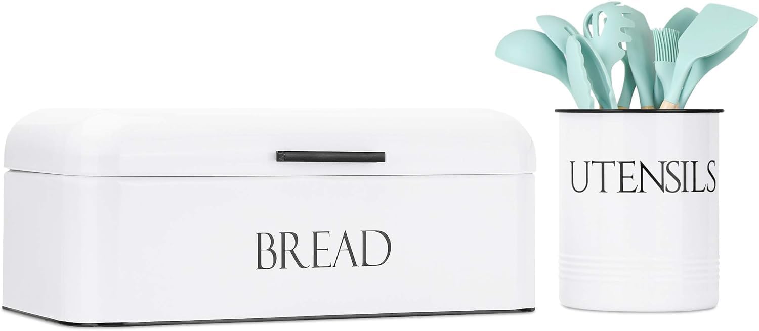 OUTSHINE Vintage Metal Bread Box & Kitchen Utensil Holder Set, White | Large Farmhouse Bread Box with Swing Up Lid | Countertop Kitchen Decor & Housewarming Gift