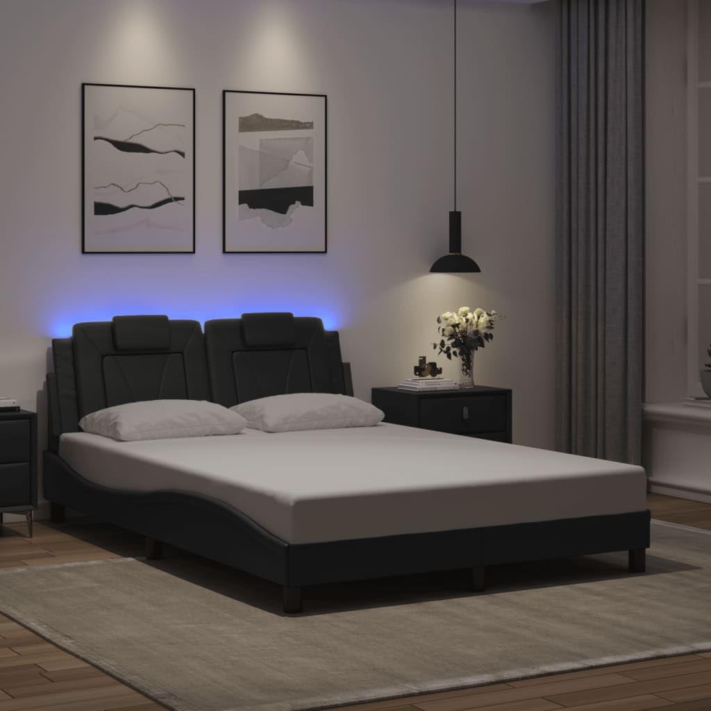 Skóra ekologiczna z oświetleniem LED Viana Szary 140x200 cm | Rama łóżka Viana z LED bez materaca szara 140x200 cm skóra ekologiczna tapicerowana zagłówek listwy ze sklejki pasek LED usb