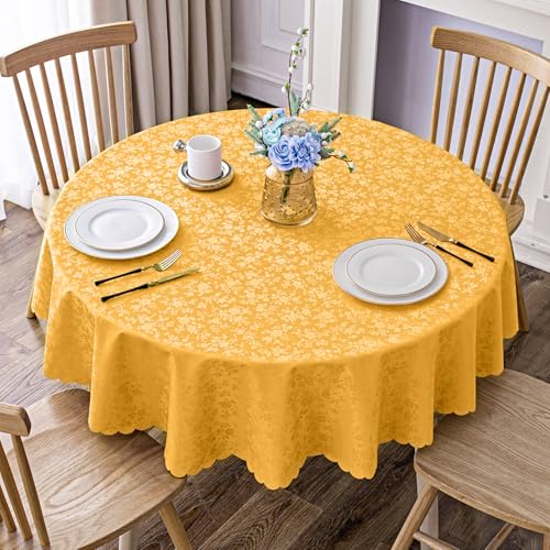 Image of Smiry Round Table Cloth, Waterproof Heavy Duty Vinyl Tablecloths, Wipeable Washable Table Cover for Kitchen and Dining Room (Mustard Yellow, 60 inch Round)