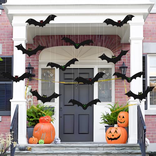 12PCS Halloween Hanging Bat Decorations with Glowing Eyes Spooky Realistic Halloween Decorations for Yard Outdoor and Indoor Party Supplies (3 Styles)