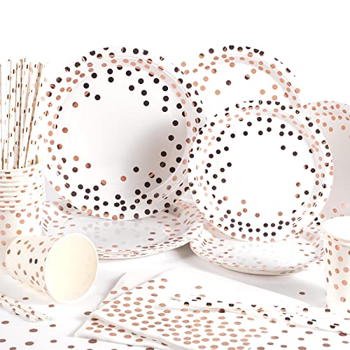 Yidaxing Vaisselle Carton Anniversaire Blanche Rose Gold, Assiettes et Gobelets en Carton, Pailles et Serviettes pour Mariage, Noces, Noël et Fêtes(24 Invités)