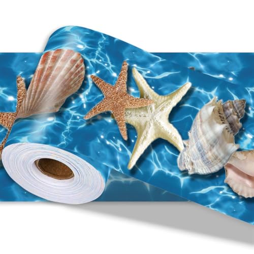 PRESSINART Bordure Murale Papier Peint Plage Bordure Murale Décorative à Coller 197 x 4 Pouces Motif Océan Coquillages Etoiles de Mer PVC Stickers Moulure...