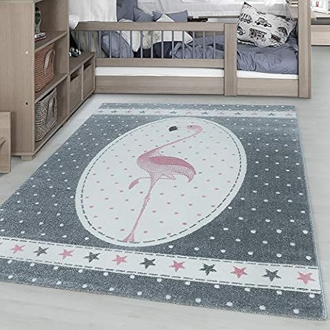 SIMPEX - Alfombra infantil diseño flamencos estrellas rosa gris blanco 80 x 150 cm Cover