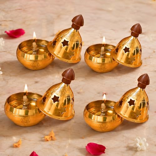 Image of Brass Diya Pure Brass Traditional Oil Puja Lamp for Temple, Mandir, Festival Decoration, Home Decor & Diwali Gift (Star Dome, Set of 4)