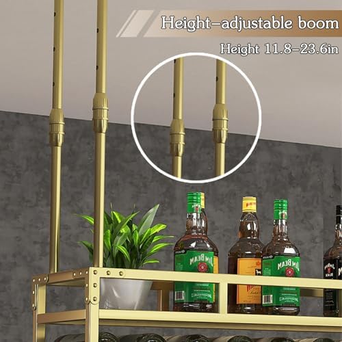Industrial Hanging Wine Glass Rack - Adjustable Hanging 2 Layer Wine Bottle & Glass Holder, Iron Bar Liquor Metal Ceiling Shelf Organizer with Storage for Bar, Kitchen, Cafe(Gold,23.6in)