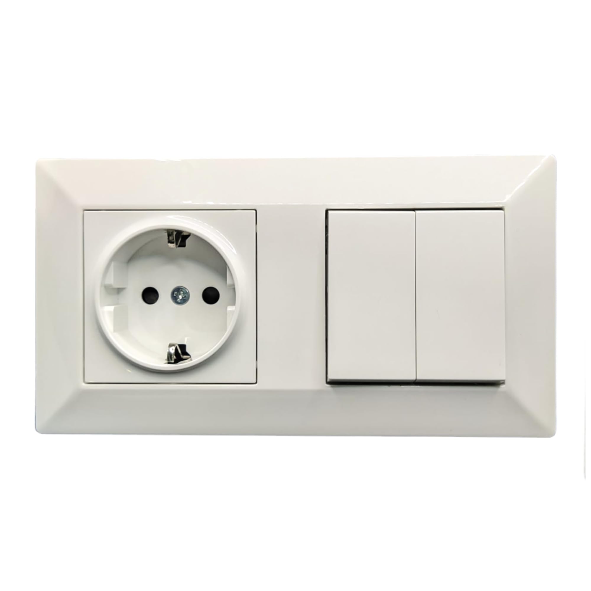 Jandei - Enchufe Schuko 2P+​T 16A y Doble Interruptor Conmutador, 230V, Decoración Elegante Pared Interior, Fácil de Instalar, Incluye Marco y Mecanismo, Policarbonato Color Blanco