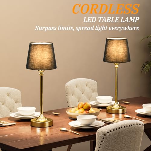 Image of Kakanuo Cordless Table Lamps Rechargeable Set - 2 Pack Brass 4000mAH Battery Operated Lamps for Decor, 3000K Stepless Dimming Touch Wireless Lamp for Bedroom, Dining Table, Living Room, Black Shade