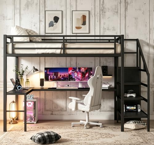 Image of Bellemave Queen Size Loft Bed with Desk and Wardrobe Storage Stairs and Wardrobe, LED USB, Loft Bed for Teens Metal, Black